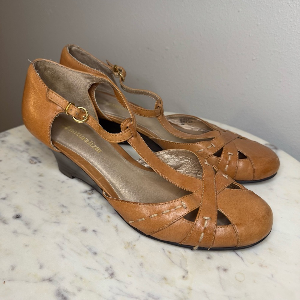 Naturalizer Wedges Size 7 Leather tan shoes sandals comfort brown